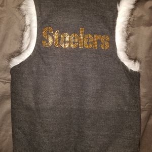 Steelers faux fur lined reversible vest rhinestone (studded) logo.